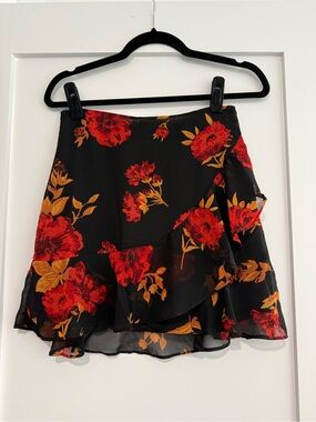 Cotton Candy Black Mini Skirt with Red & Gold Floral Ruffle Size S